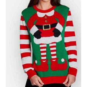 Santa Elf Christmas Sweater Green Red Striped Sleeves Fun Design XL